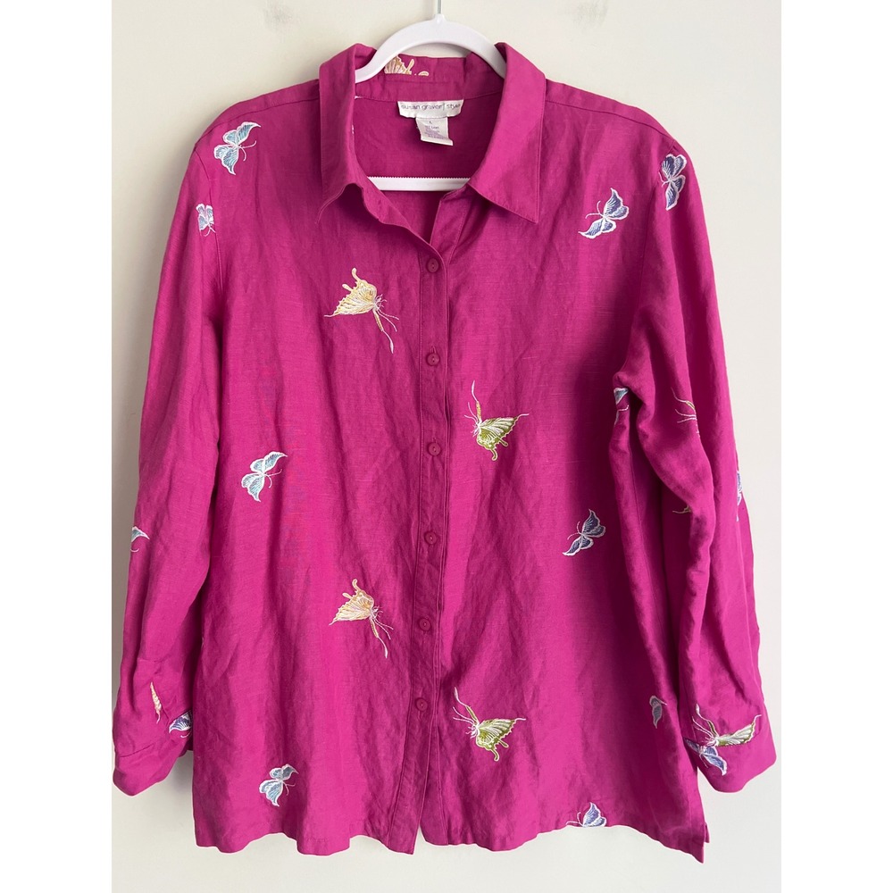 Susan Graver Style Magenta Linen Blend Butterfly Embroidered Button-Up Shirt L